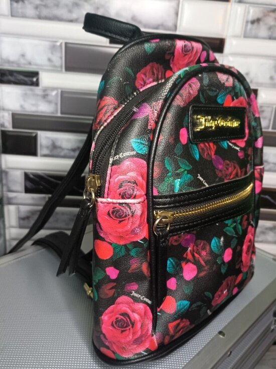 Juicy Couture Mini Backpack Black Rose Floral Pattern Gold Hardware Adjustable main image 7
